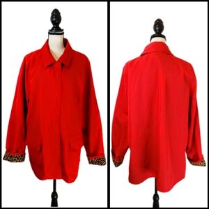 Dennis Basso Y2K Cherry Red Cheetah Print Water Resistant Trench Coat Size L